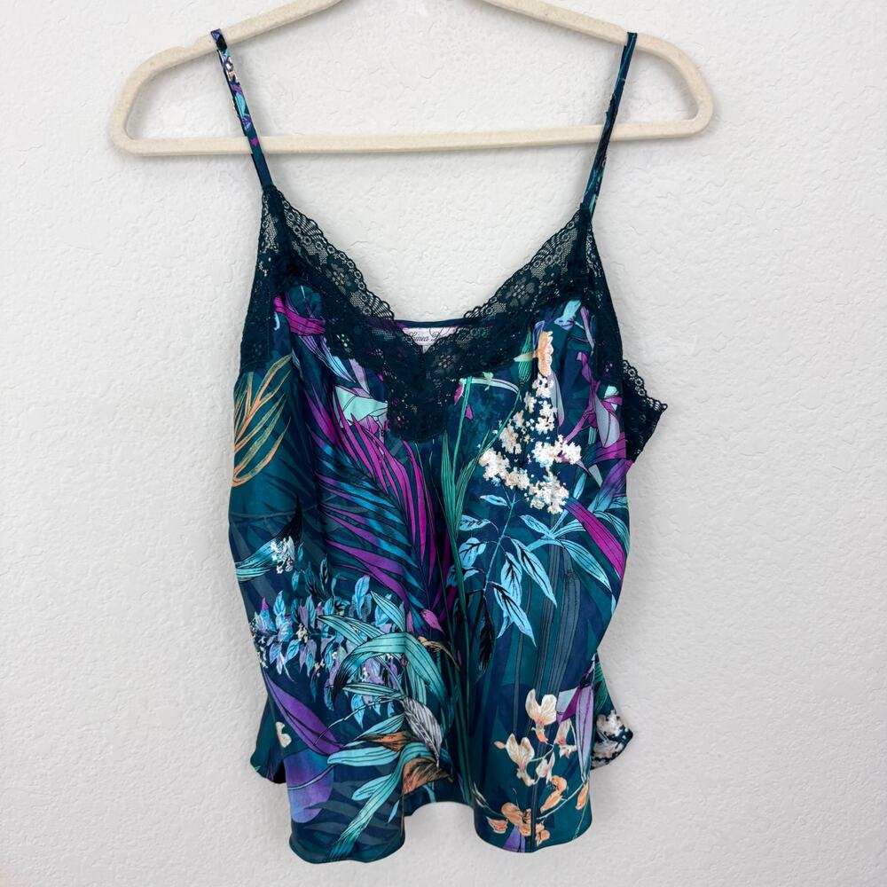 Linea Donatella Womens Lace Cami Camisole Top Size L Satin Floral Green